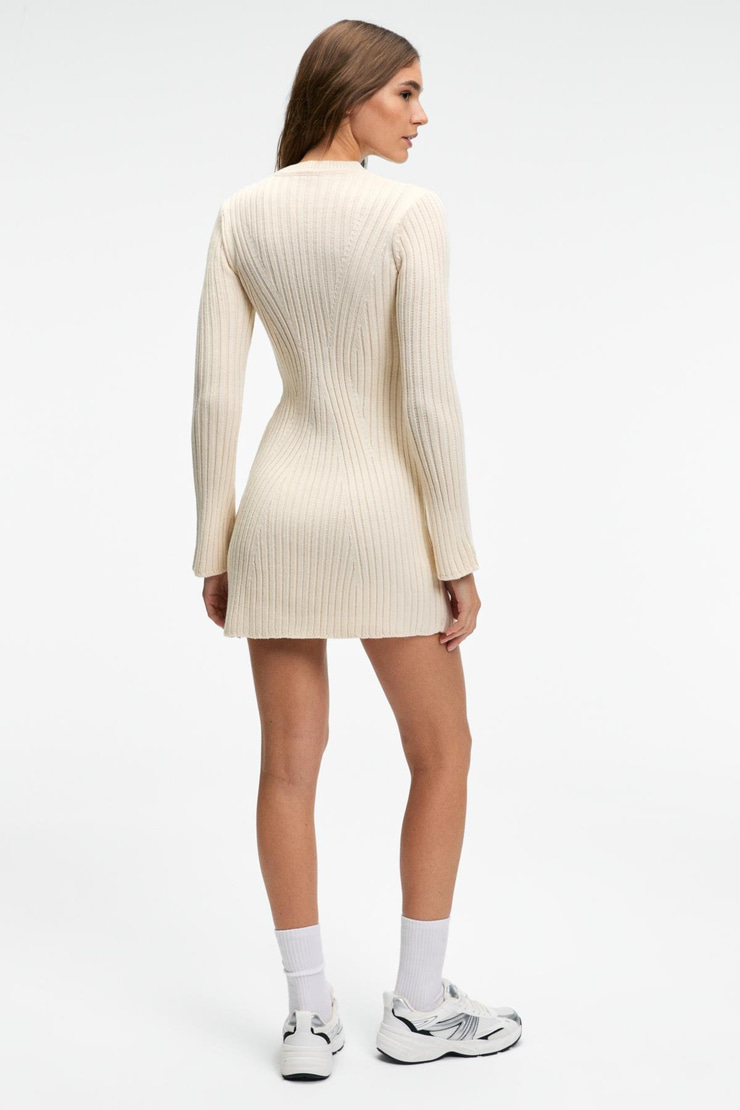 ENCANTO Kadın Yuvarlak Yaka Çizgi Desenli Parmak Geçme Detaylı Slim Fit Ekru Elbise