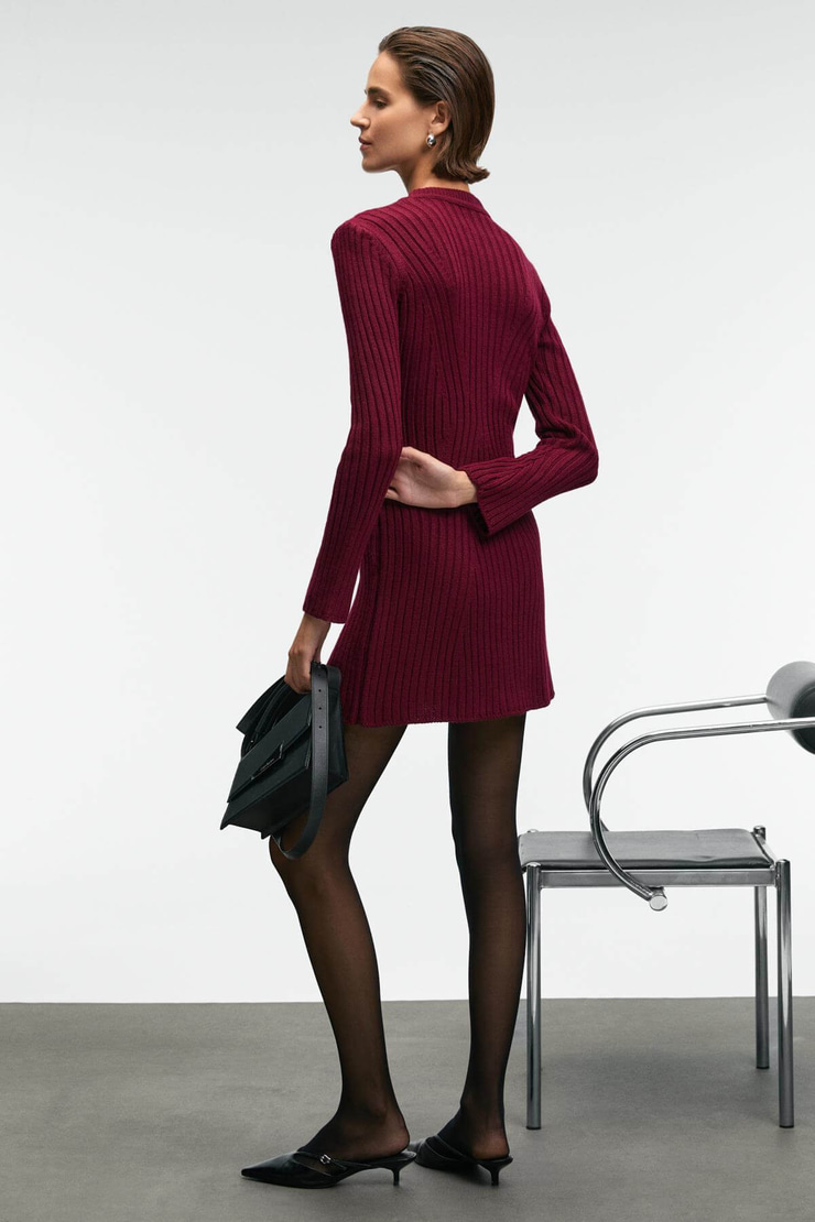 ENCANTO Kadın Yuvarlak Yaka Çizgi Desenli Slim Fit Bordo Elbise