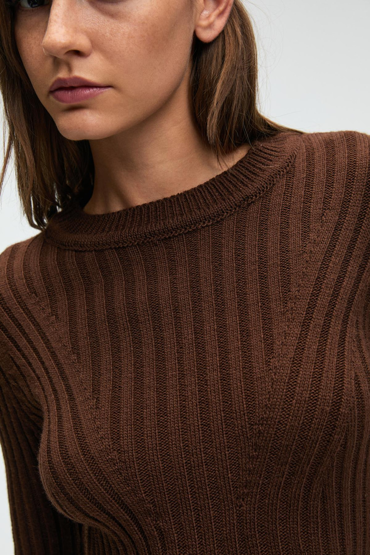 ENCANTO Kadın Yuvarlak Yaka Çizgi Desenli Parmak Geçme Detaylı Slim Fit Kahverengi Elbise