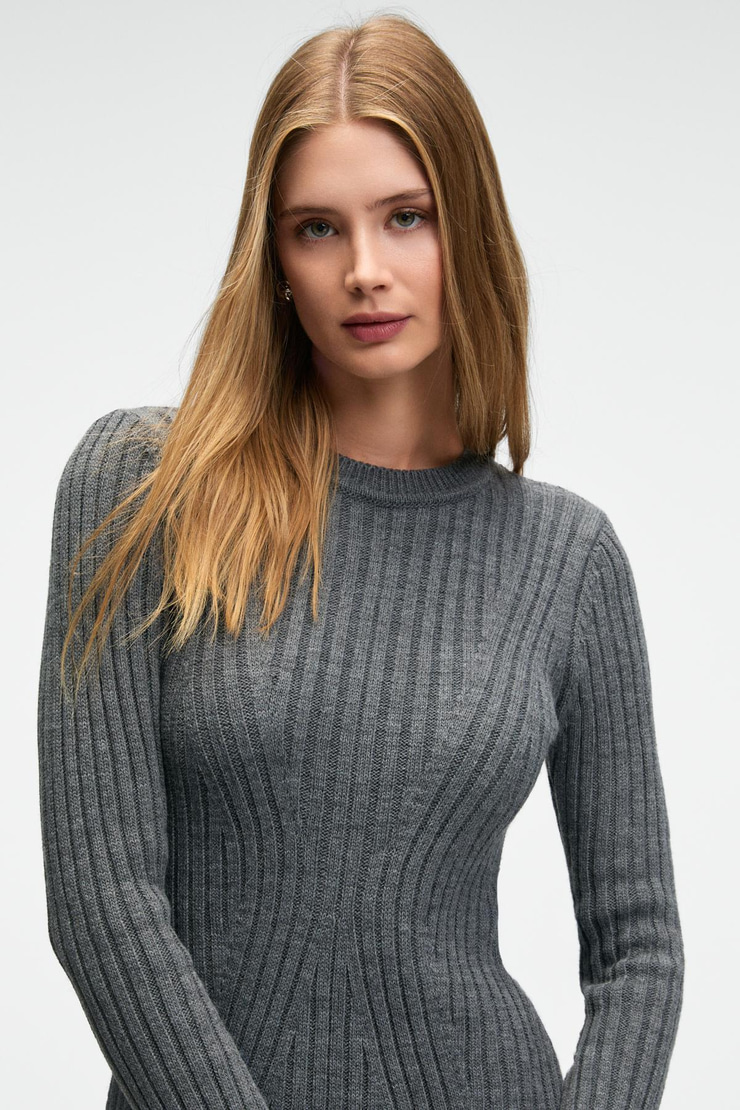 ENCANTO Kadın Yuvarlak Yaka Çizgi Desenli Parmak Geçme Detaylı Slim Fit Antrasit Elbise