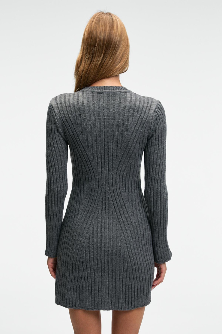 ENCANTO Kadın Yuvarlak Yaka Çizgi Desenli Parmak Geçme Detaylı Slim Fit Antrasit Elbise