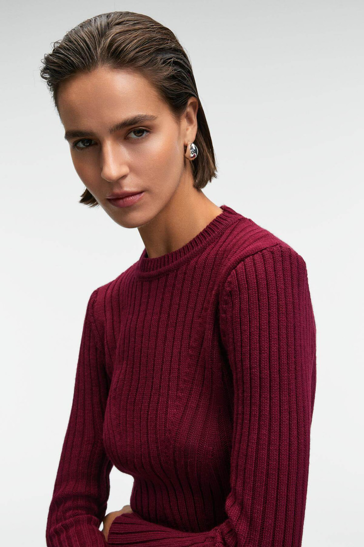 ENCANTO Kadın Yuvarlak Yaka Çizgi Desenli Slim Fit Bordo Elbise