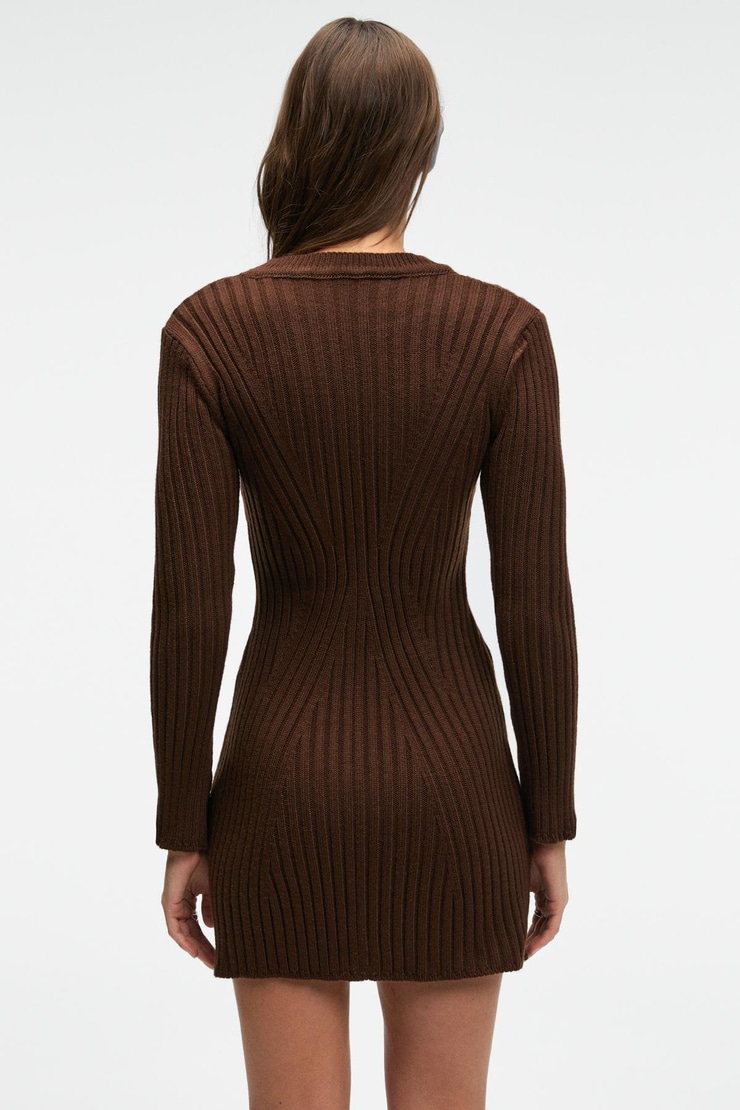 ENCANTO Kadın Yuvarlak Yaka Çizgi Desenli Parmak Geçme Detaylı Slim Fit Kahverengi Elbise