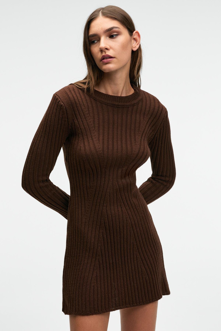 ENCANTO Kadın Yuvarlak Yaka Çizgi Desenli Parmak Geçme Detaylı Slim Fit Kahverengi Elbise