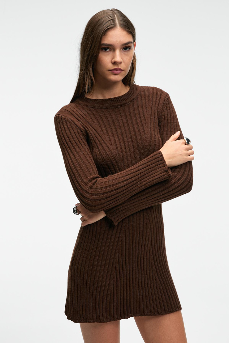 ENCANTO Kadın Yuvarlak Yaka Çizgi Desenli Parmak Geçme Detaylı Slim Fit Kahverengi Elbise