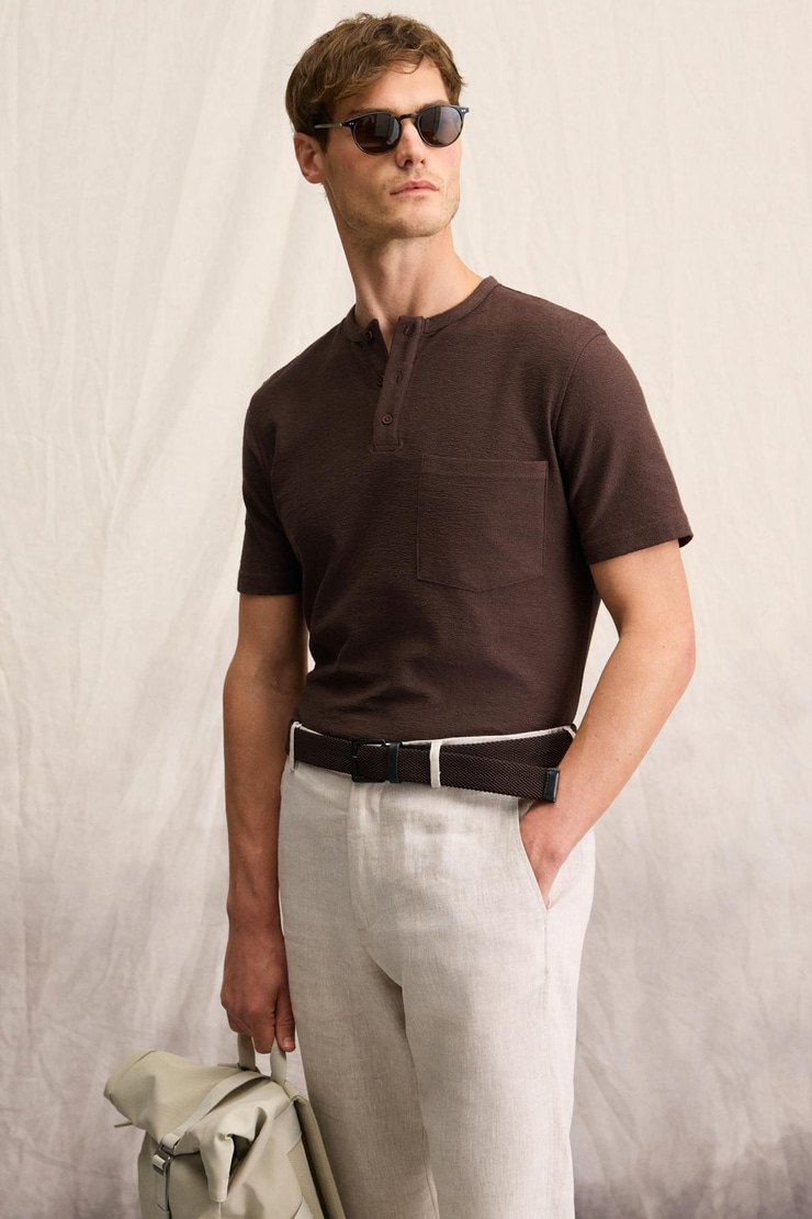 ERMAC Erkek Hakim Yaka Düğmeli Kısa Kol Koyu Kahverengi T-Shirt