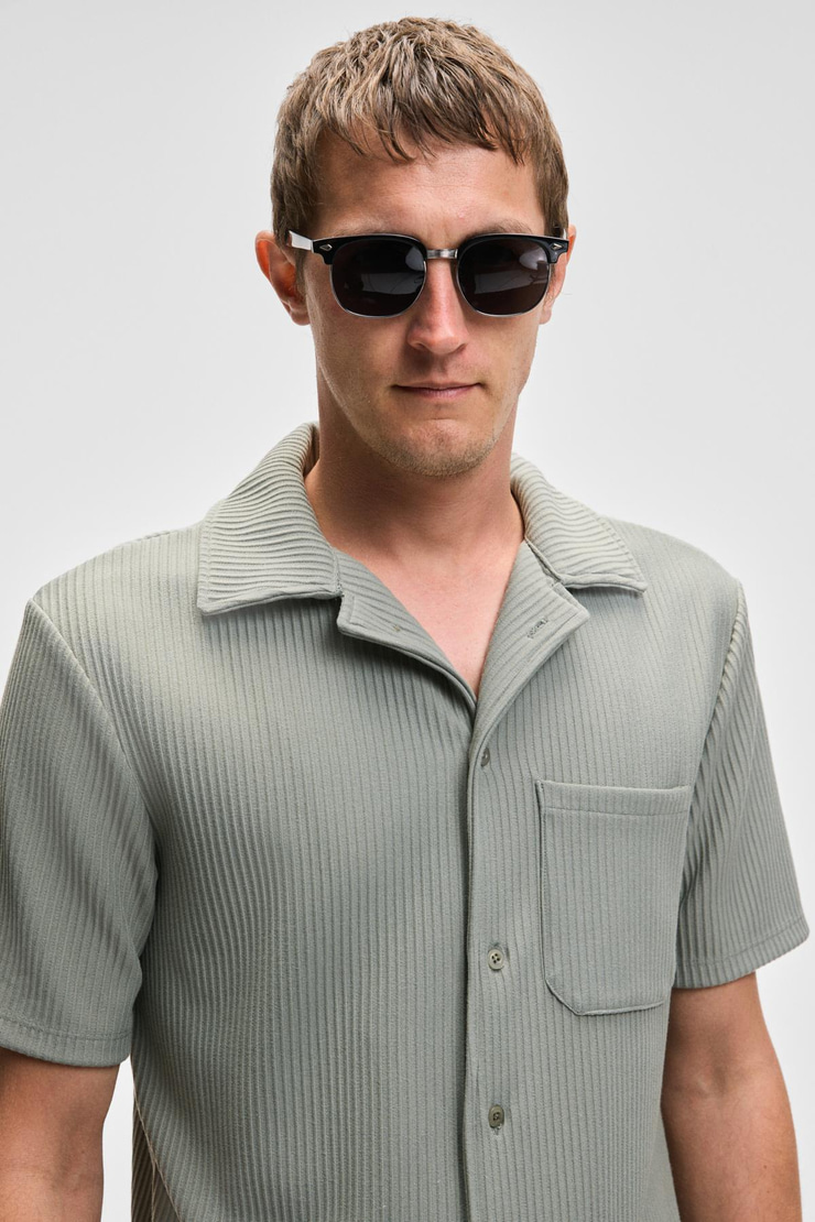 ERMANO Erkek Regular Fit Kısa Kollu Gömlek Yaka Düğmeli Haki Gömlek