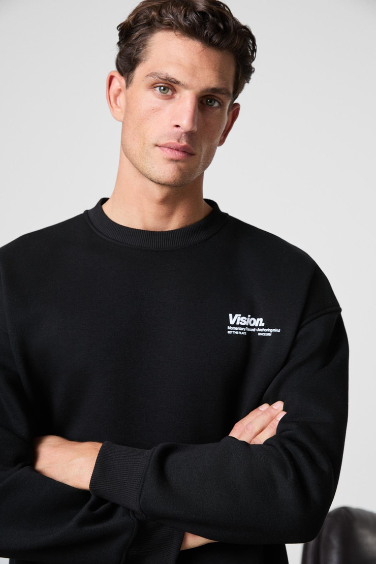 Ernest Erkek Organik Pamuklu Yumuşacık Baskı Detaylı Bisiklet Yaka İçi Polarlı Siyah Sweatshirt