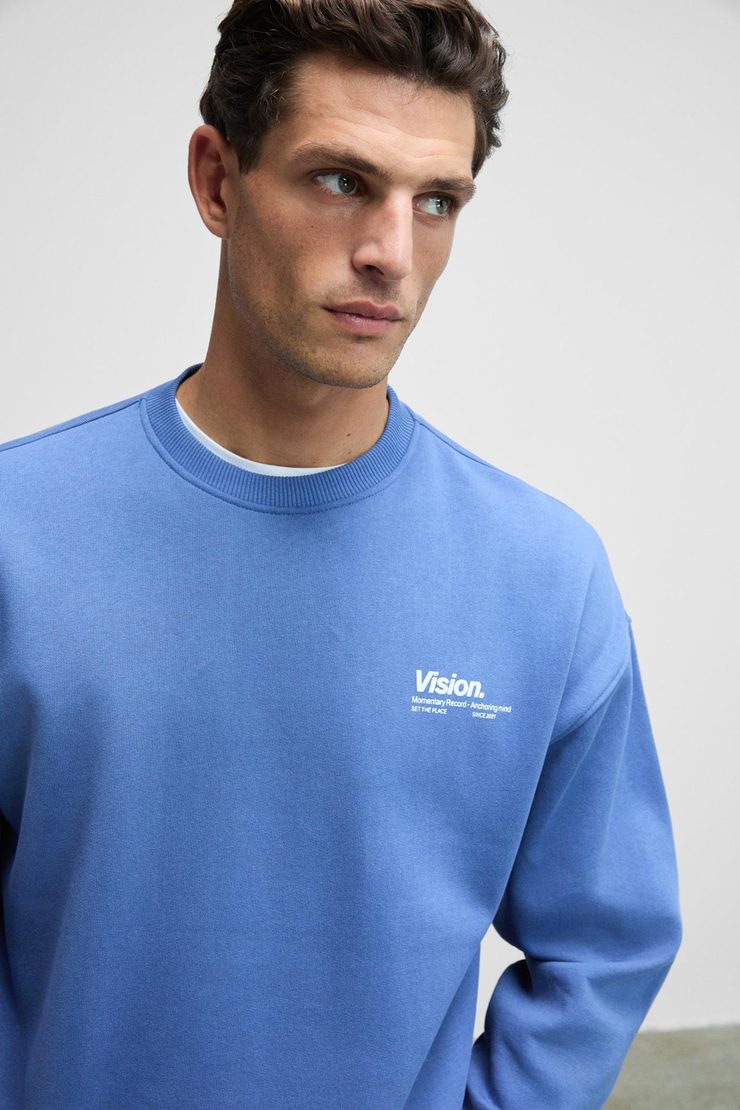 Ernest Erkek Organik Pamuklu Yumuşacık Baskı Detaylı Bisiklet Yaka İçi Polarlı Açık Mavi Sweatshirt