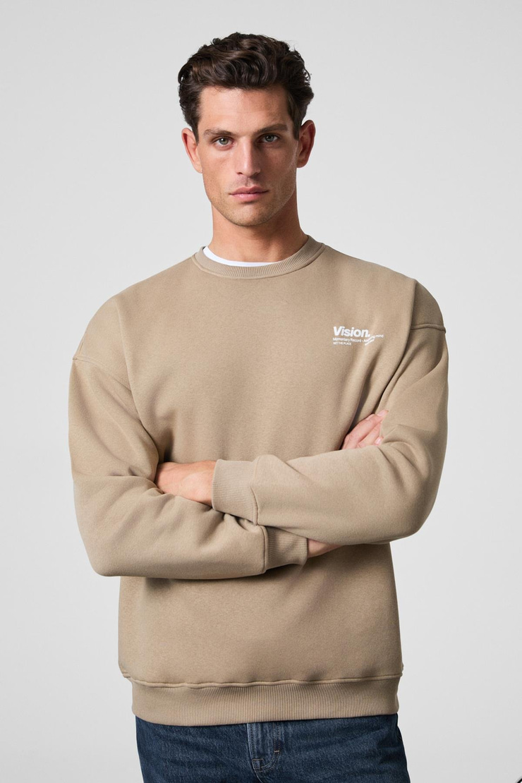 Ernest Erkek Organik Pamuklu Yumuşacık Baskı Detaylı Bisiklet Yaka İçi Polarlı Bej Sweatshirt