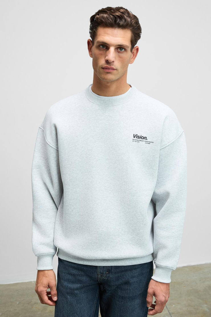 Ernest Erkek Organik Pamuklu Yumuşacık Baskı Detaylı Bisiklet Yaka İçi Polarlı Grimelanj Sweatshirt