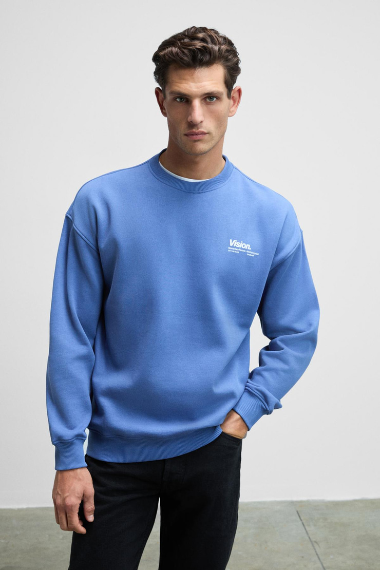 Ernest Erkek Organik Pamuklu Yumuşacık Baskı Detaylı Bisiklet Yaka İçi Polarlı Açık Mavi Sweatshirt