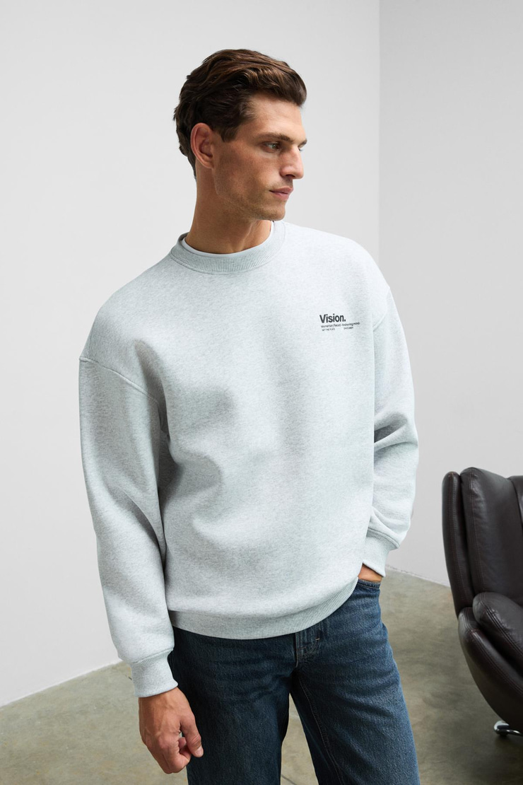 Ernest Erkek Organik Pamuklu Yumuşacık Baskı Detaylı Bisiklet Yaka İçi Polarlı Grimelanj Sweatshirt