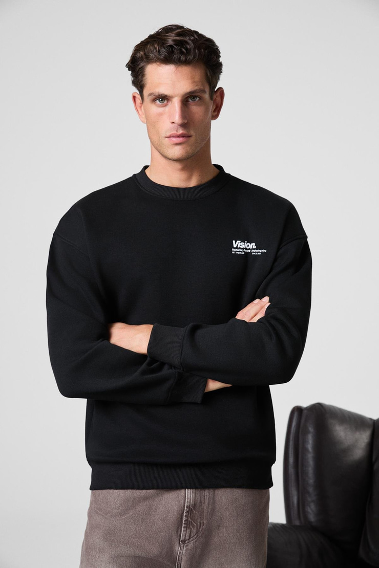 Ernest Erkek Organik Pamuklu Yumuşacık Baskı Detaylı Bisiklet Yaka İçi Polarlı Siyah Sweatshirt