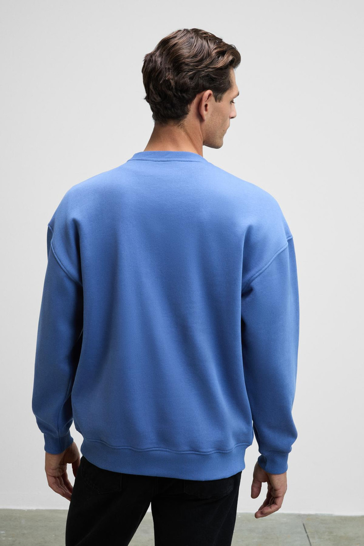 Ernest Erkek Organik Pamuklu Yumuşacık Baskı Detaylı Bisiklet Yaka İçi Polarlı Açık Mavi Sweatshirt