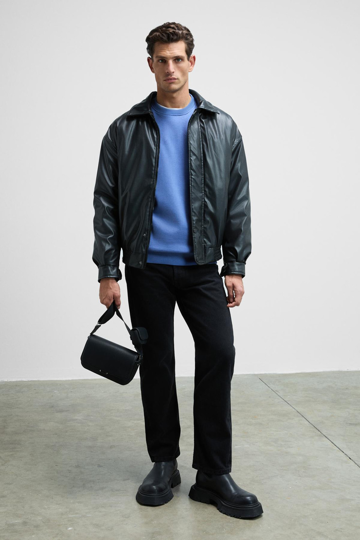 Ernest Erkek Organik Pamuklu Yumuşacık Baskı Detaylı Bisiklet Yaka İçi Polarlı Açık Mavi Sweatshirt