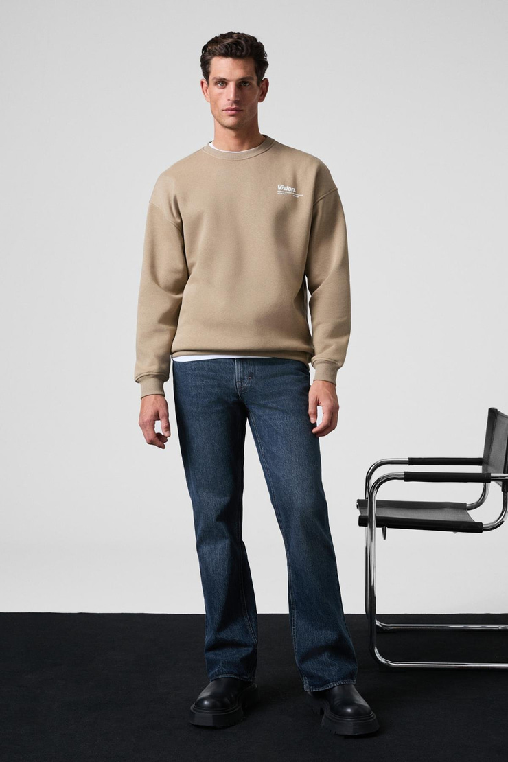 Ernest Erkek Organik Pamuklu Yumuşacık Baskı Detaylı Bisiklet Yaka İçi Polarlı Bej Sweatshirt