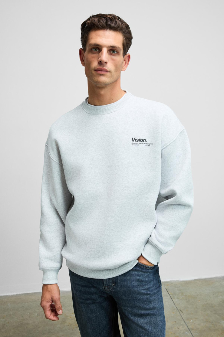 Ernest Erkek Organik Pamuklu Yumuşacık Baskı Detaylı Bisiklet Yaka İçi Polarlı Grimelanj Sweatshirt