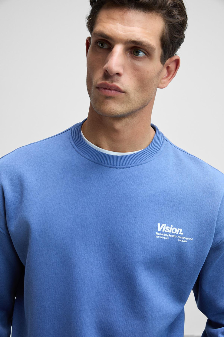 Ernest Erkek Organik Pamuklu Yumuşacık Baskı Detaylı Bisiklet Yaka İçi Polarlı Açık Mavi Sweatshirt