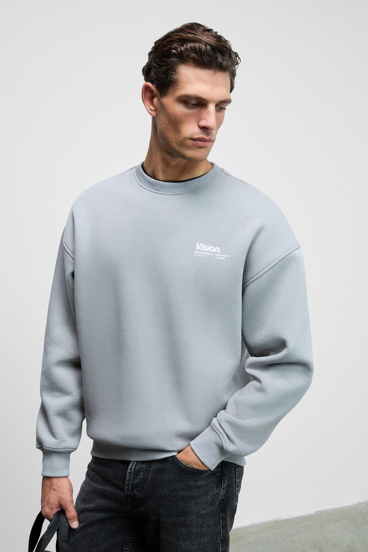 Ernest Erkek Organik Pamuklu Yumuşacık Baskı Detaylı Bisiklet Yaka İçi Polarlı Açık Gri Sweatshirt