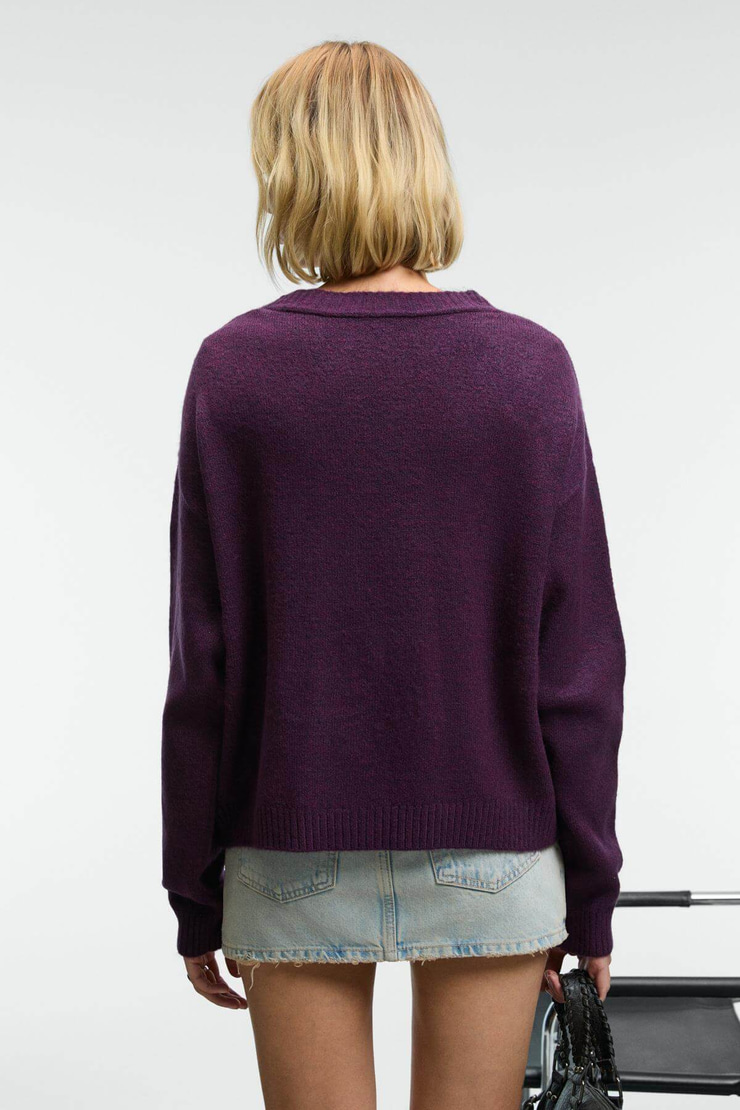 ESENCIA Kadın V Yaka Uzun Kollu Düğmeli Cepli Yumuşak Dokulu Regular Triko Mor Kazak