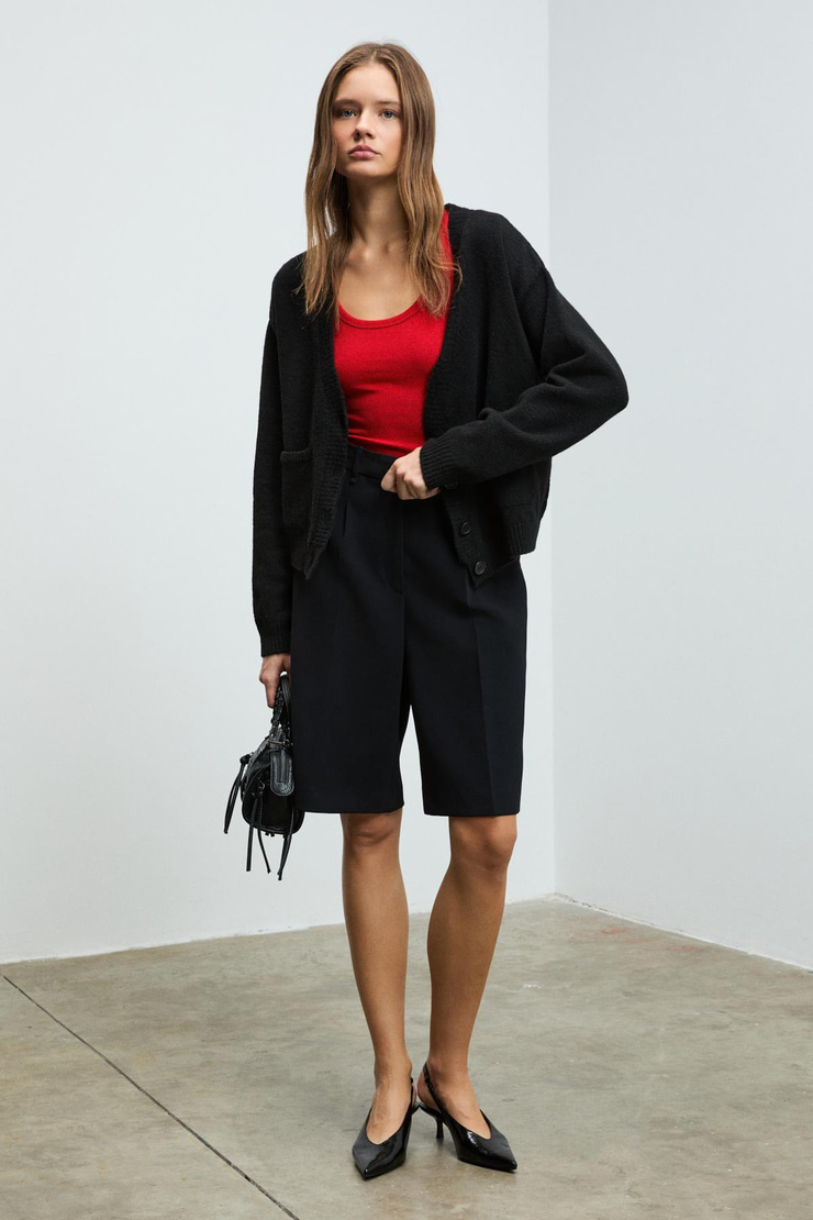 ESENCIA Kadın V Yaka Uzun Kollu Düğmeli Cepli Yumuşak Dokulu Regular Triko Siyah Kazak