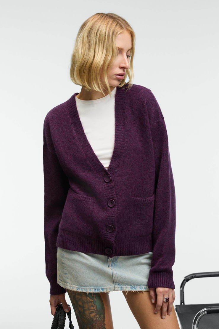 ESENCIA Kadın V Yaka Uzun Kollu Düğmeli Cepli Yumuşak Dokulu Regular Triko Mor Kazak