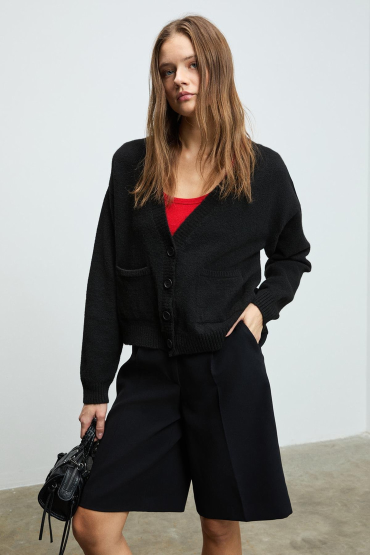 ESENCIA Kadın V Yaka Uzun Kollu Düğmeli Cepli Yumuşak Dokulu Regular Triko Siyah Kazak