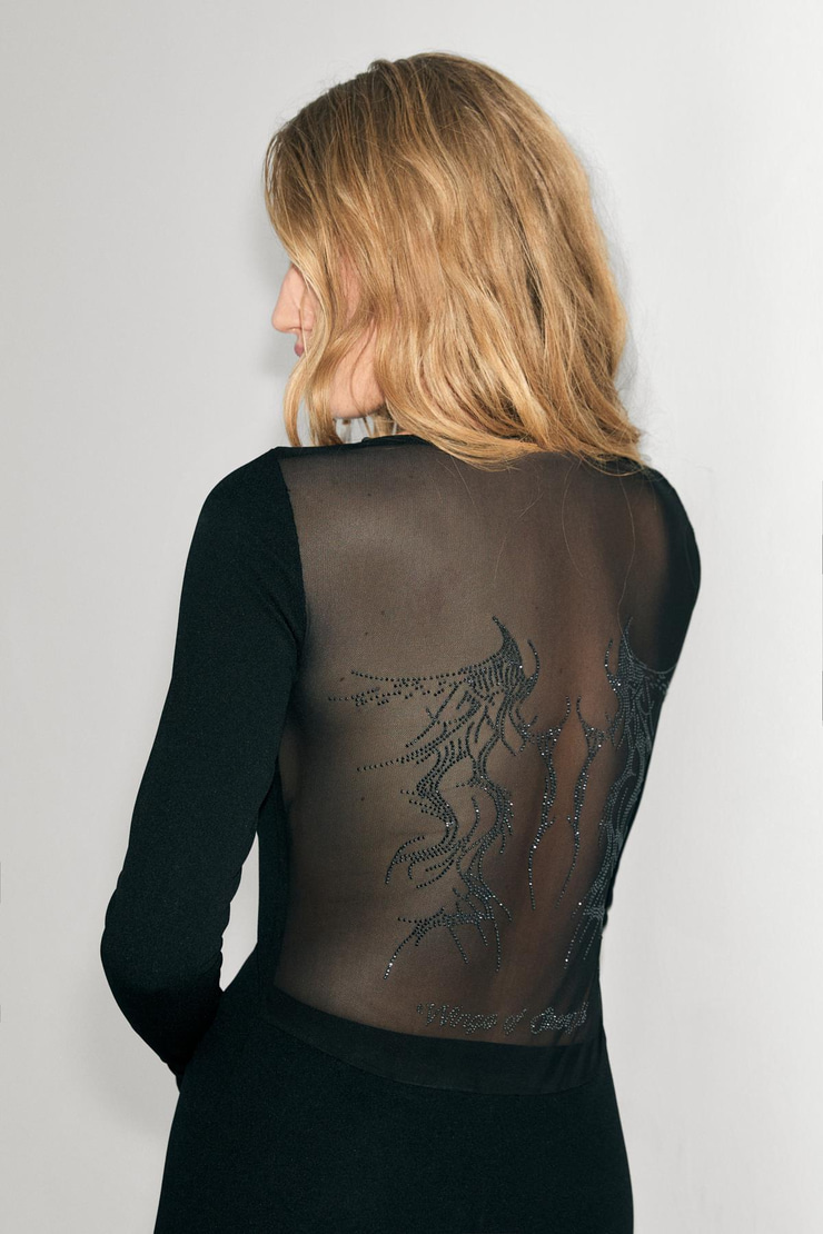 ESTRELLA Kadın Yuvarlak Yaka Esnek Kumaşlı Arka Transparan Mesh Taş Desen Mini Siyah Elbise