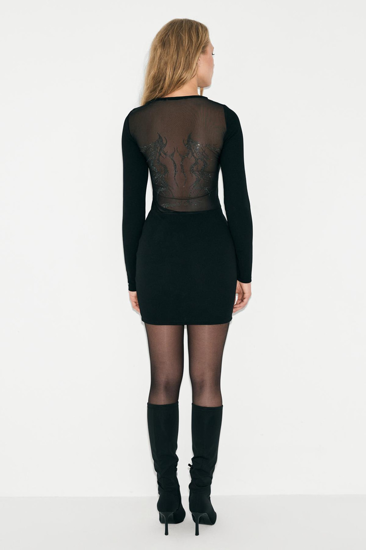 ESTRELLA Kadın Yuvarlak Yaka Esnek Kumaşlı Arka Transparan Mesh Taş Desen Mini Siyah Elbise