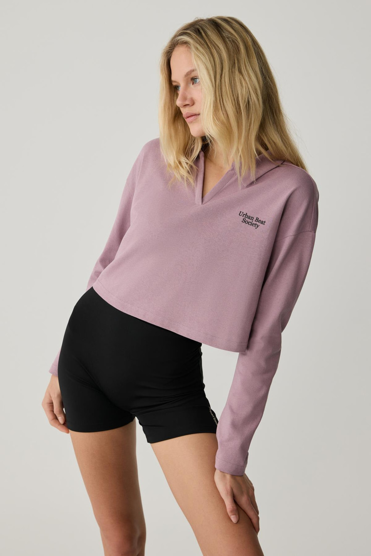 EUDORA Kadın Polo Yaka Patlı Uzun Kollu Baskı Detaylı Gül Kurusu T-Shirt