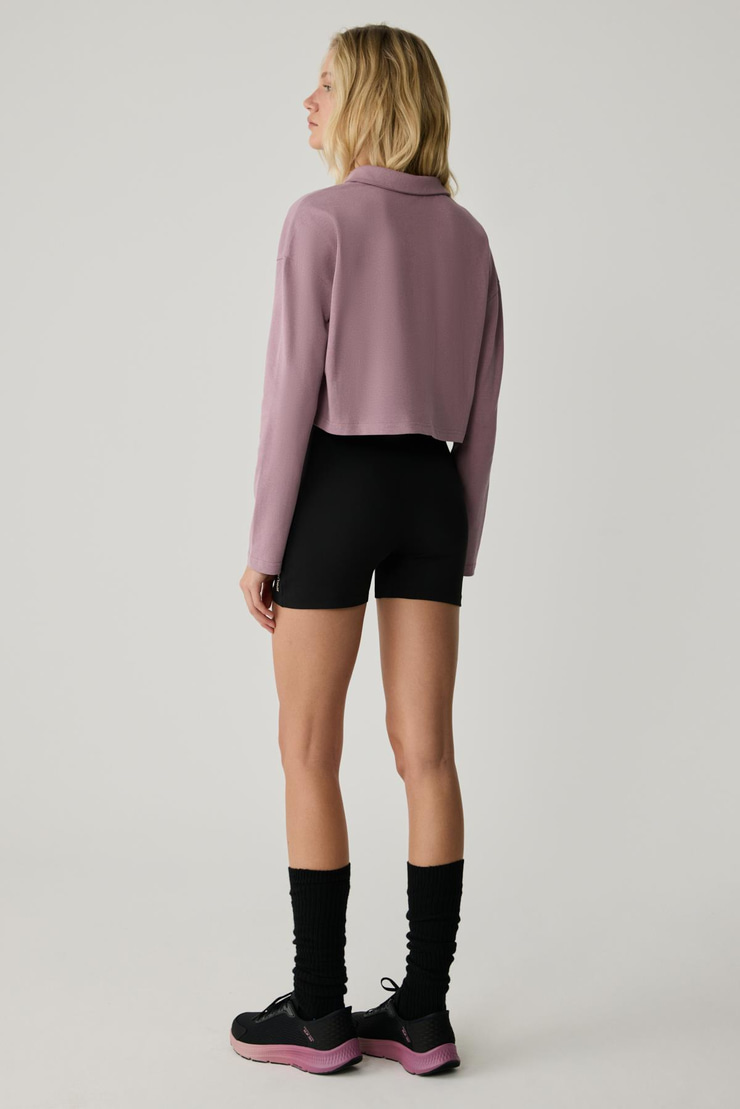 EUDORA Kadın Polo Yaka Patlı Uzun Kollu Baskı Detaylı Gül Kurusu T-Shirt