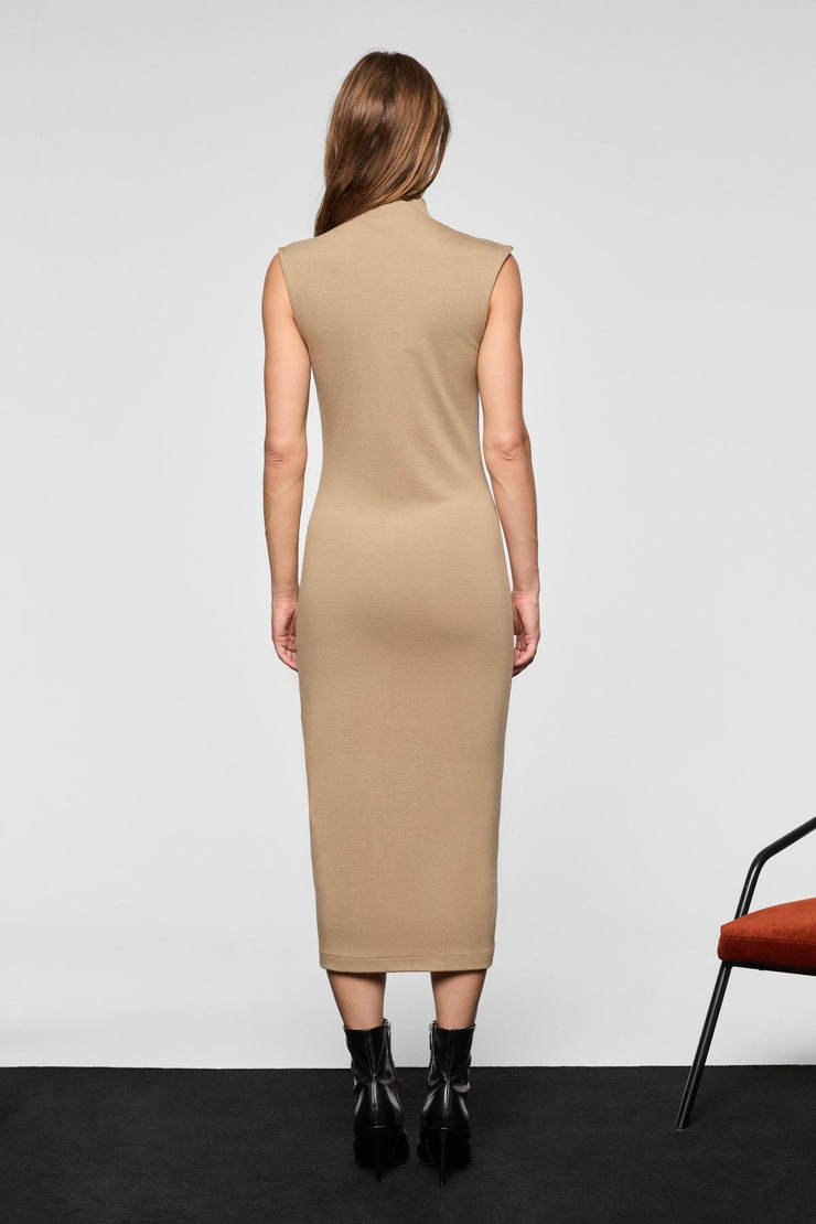 FABIENNE Kadın Dik Yakalı Kolsuz Fermuarlı Vizon Elbise