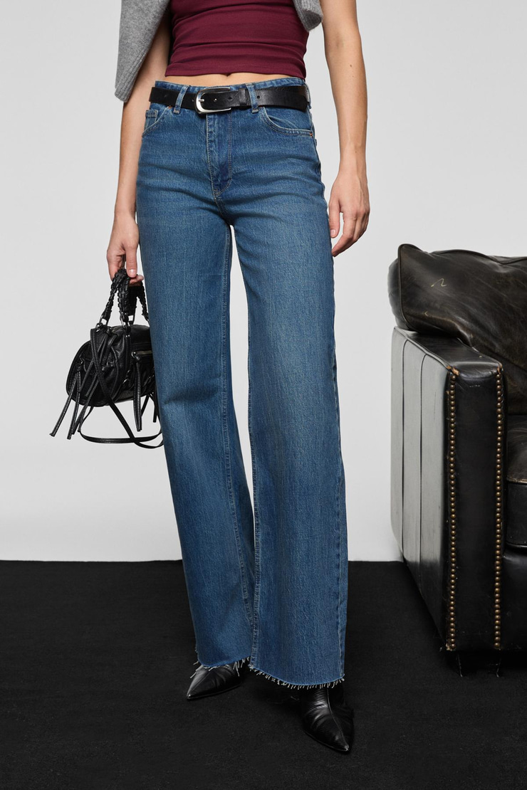 FABLE Kadın Straıght Fit Paçası Dikişsiz Bitişli Denim Koyu Mavi Jeans