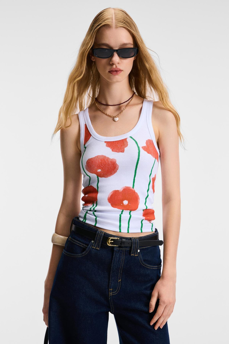 FARENELLA Esnek Ribana Kumaşlı Çiçek Baskılı Slim Beyaz Atlet