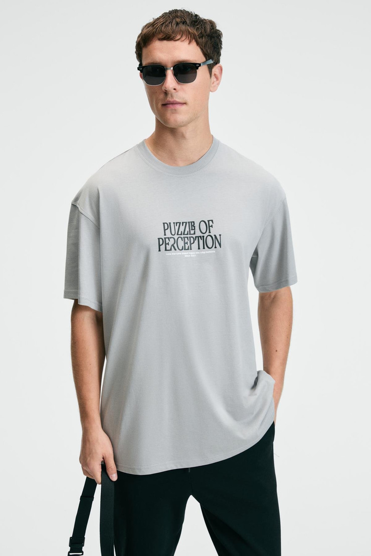 FEAST Erkek %100 Pamuk Oversize Fit Baskılı Kısa Kollu Yuvarlak Yakalı Açık Gri T-Shirt