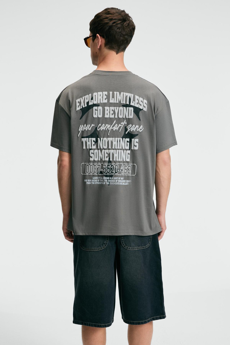 FEAST Erkek %100 Pamuk Oversize Fit Baskılı Kısa Kollu Yuvarlak Yakalı Gri T-Shirt