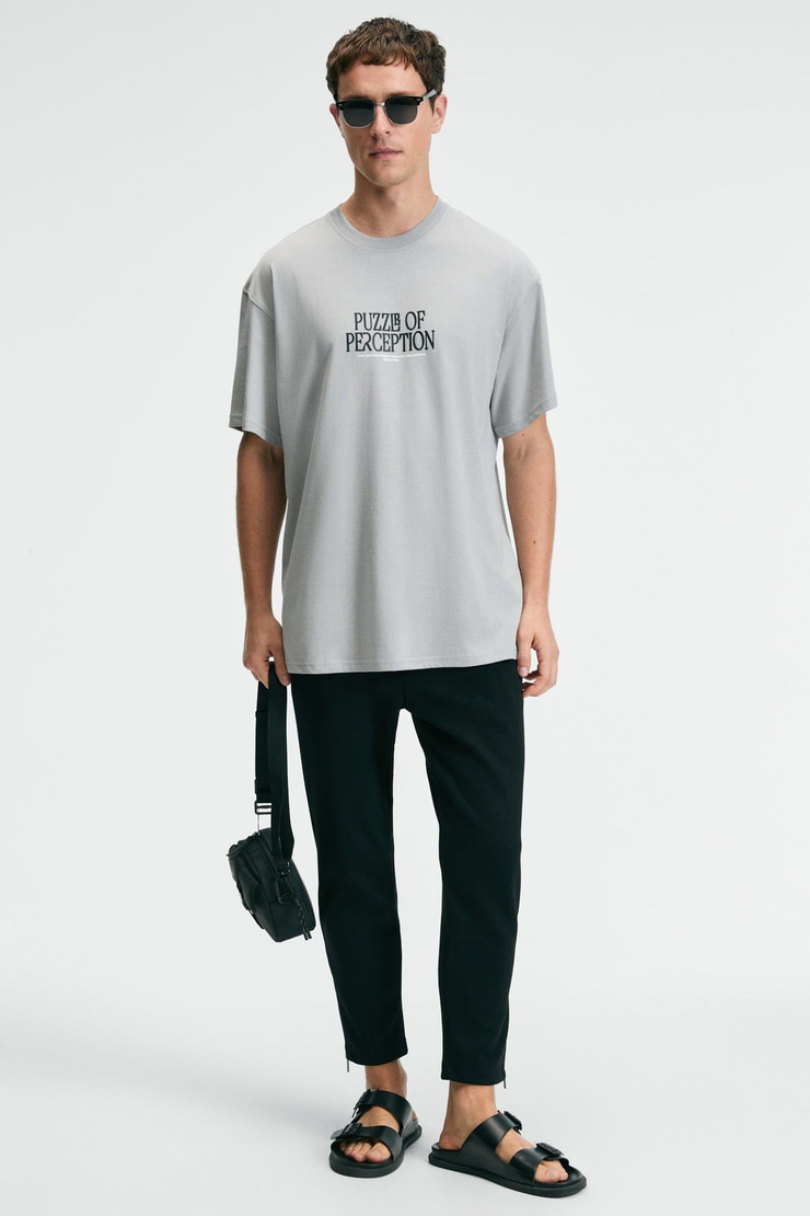 FEAST Erkek %100 Pamuk Oversize Fit Baskılı Kısa Kollu Yuvarlak Yakalı Açık Gri T-Shirt