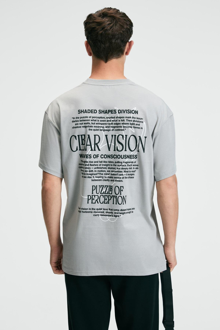 FEAST Erkek %100 Pamuk Oversize Fit Baskılı Kısa Kollu Yuvarlak Yakalı Açık Gri T-Shirt