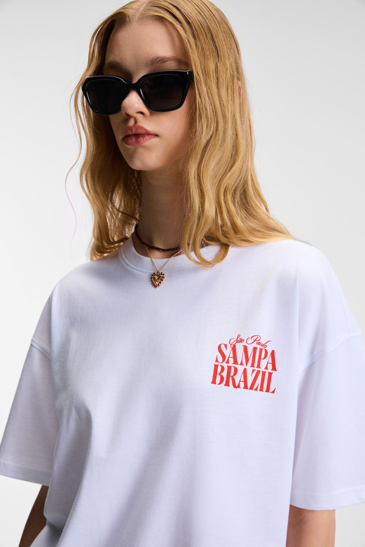 FEYLORA Kadın %100 Pamuk Oversize Fit Baskı Detaylı Kısa Kollu Bisiklet Yaka Beyaz T-Shirt