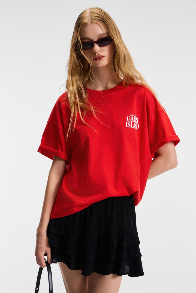 FEYLORA Kadın %100 Pamuk Oversize Fit Baskı Detaylı Kısa Kollu Bisiklet Yaka Kırmızı T-Shirt