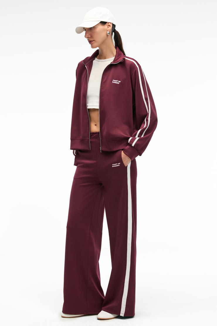 FINYARA Kadın Oversize Çift Cep Nakış ve Yan Şerit Detaylı Bordo Eşofman Altı