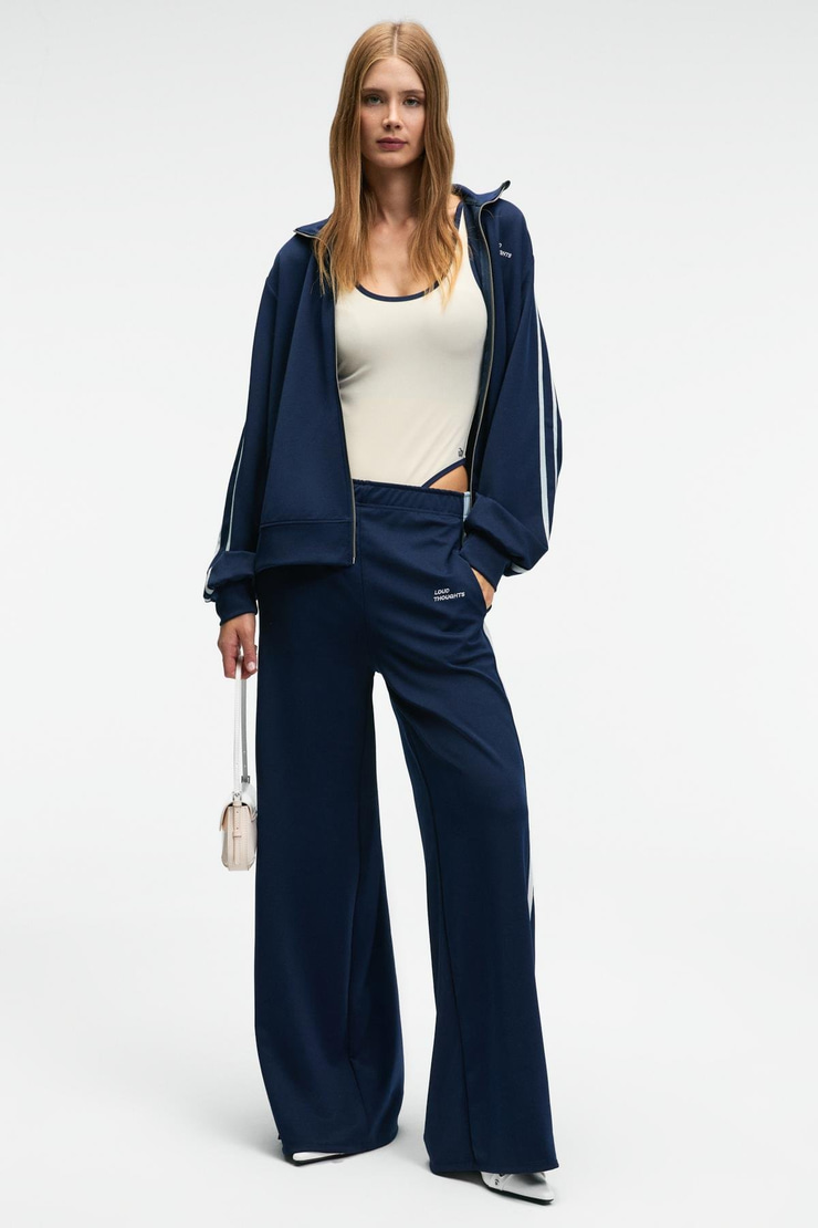 FINYARA Kadın Oversize Çift Cep Nakış ve Yan Şerit Detaylı Lacivert Eşofman Altı