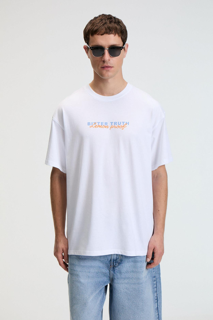 FLAVOR Erkek Oversize %100 Pamuk Baskılı Yuvarlak Yaka Beyaz T-Shirt