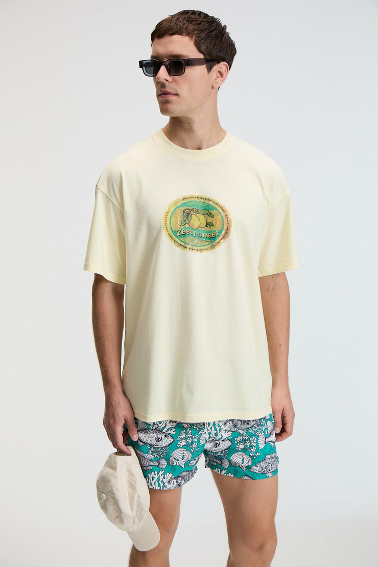 FLAVOR Erkek Oversize %100 Pamuk Baskılı Yuvarlak Yaka Sarı T-Shirt