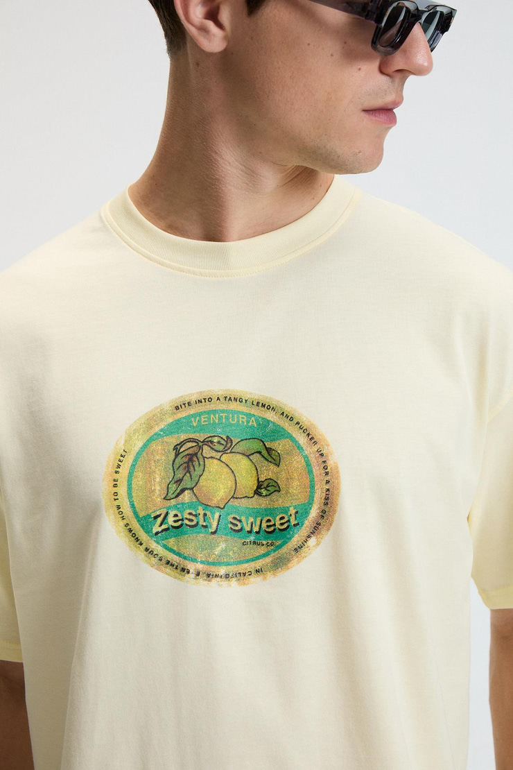 FLAVOR Erkek Oversize %100 Pamuk Baskılı Yuvarlak Yaka Sarı T-Shirt