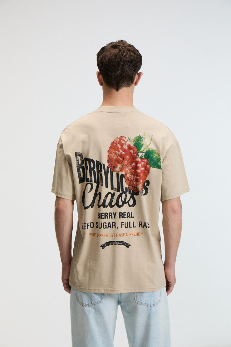 FLAVOR Erkek Oversize %100 Pamuk Baskılı Yuvarlak Yaka Bej T-Shirt