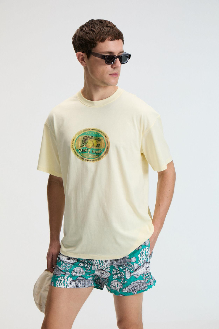 FLAVOR Erkek Oversize %100 Pamuk Baskılı Yuvarlak Yaka Sarı T-Shirt