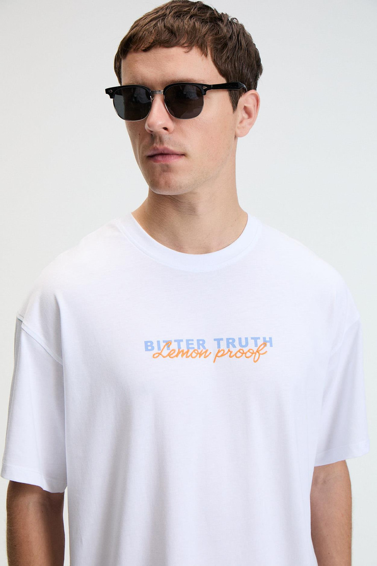 FLAVOR Erkek Oversize %100 Pamuk Baskılı Yuvarlak Yaka Beyaz T-Shirt