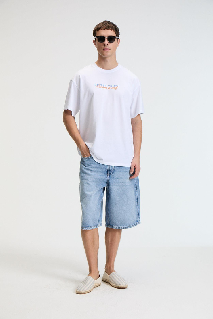 FLAVOR Erkek Oversize %100 Pamuk Baskılı Yuvarlak Yaka Beyaz T-Shirt